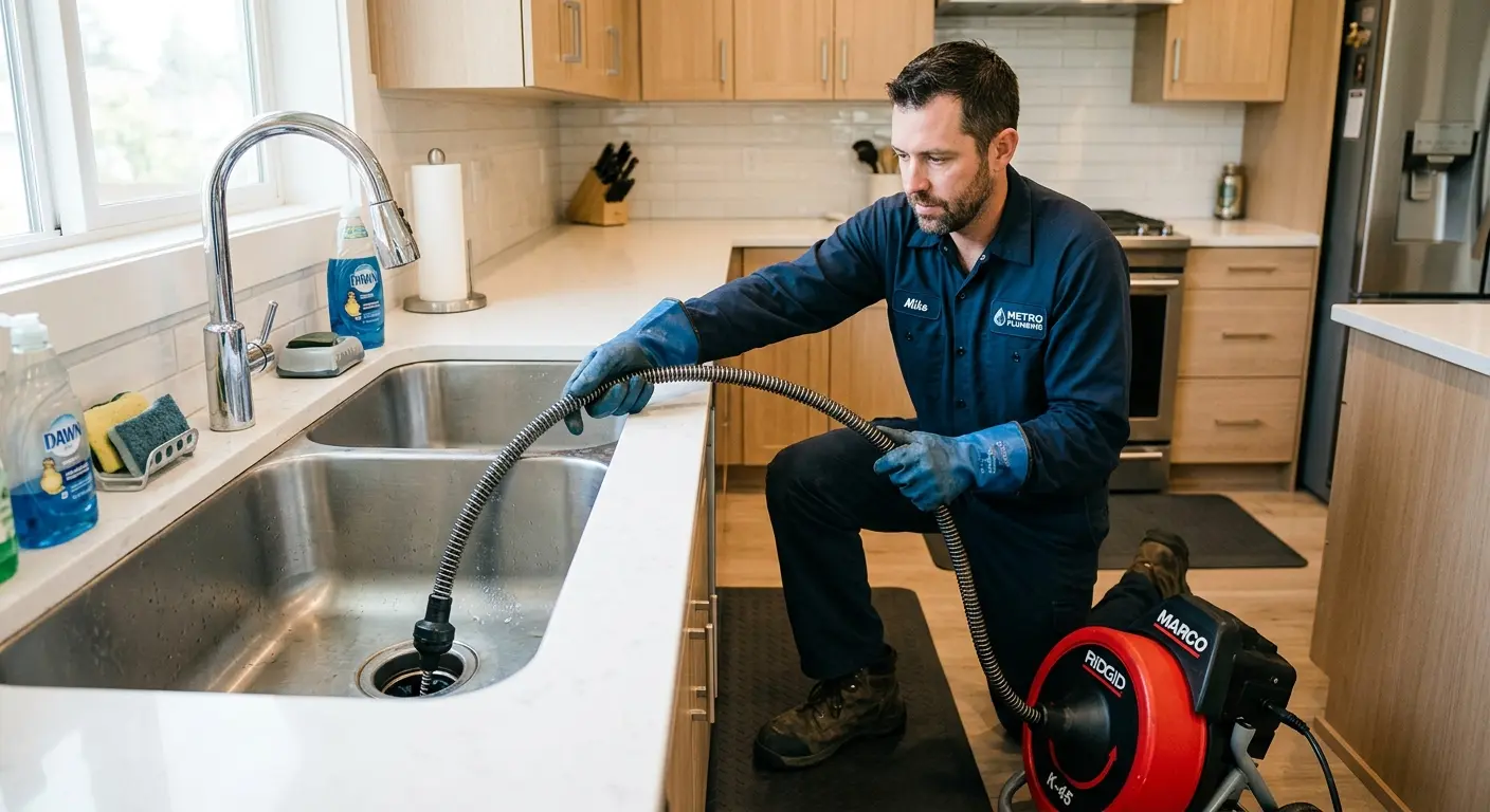 Drain cleaning technician using a motorized snake on a kitchen sink in Mamaroneck
