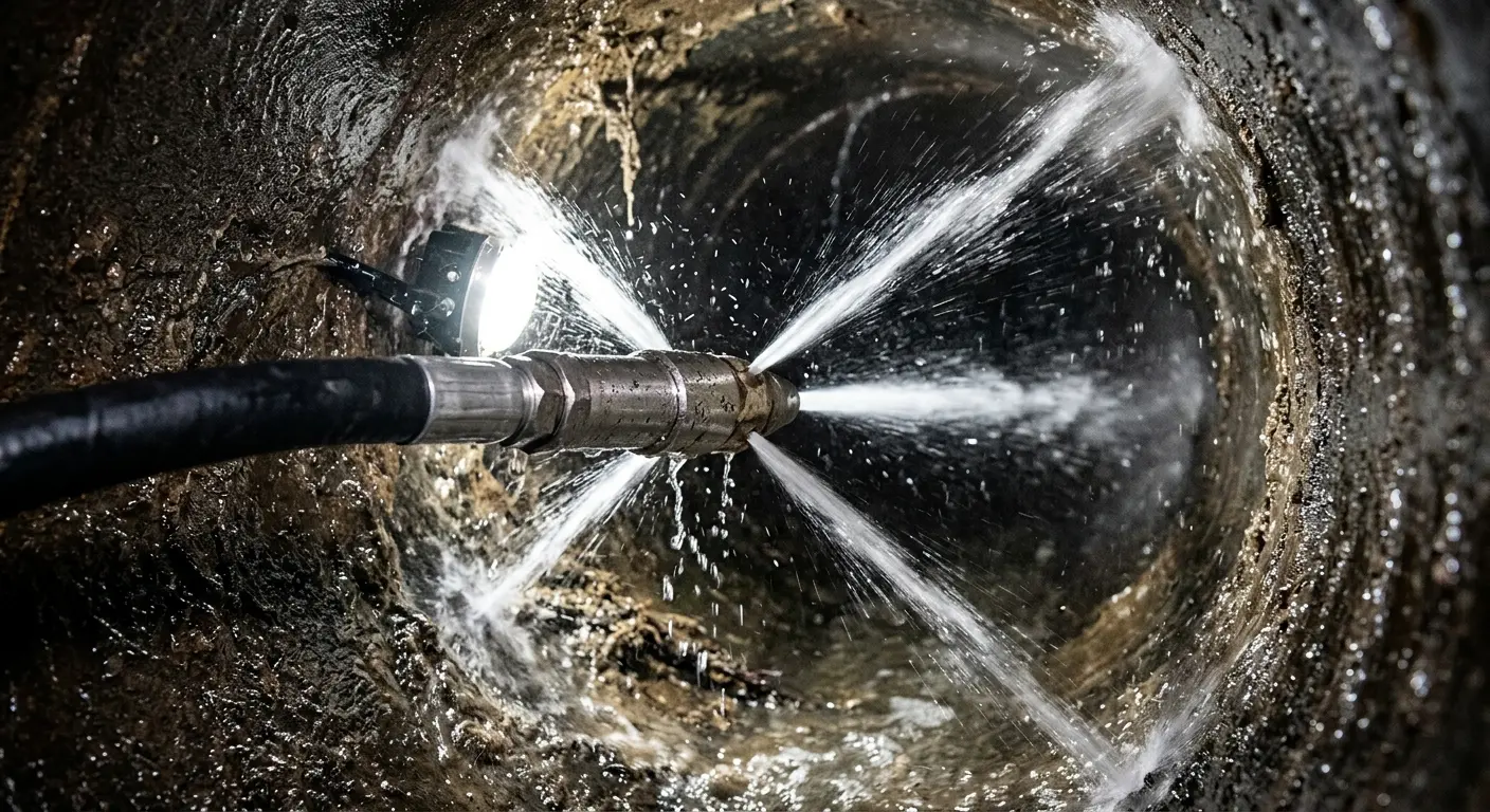 High-pressure hydro jetting nozzle cleaning sewer pipe for Storm Drain Cleaning in Mamaroneck