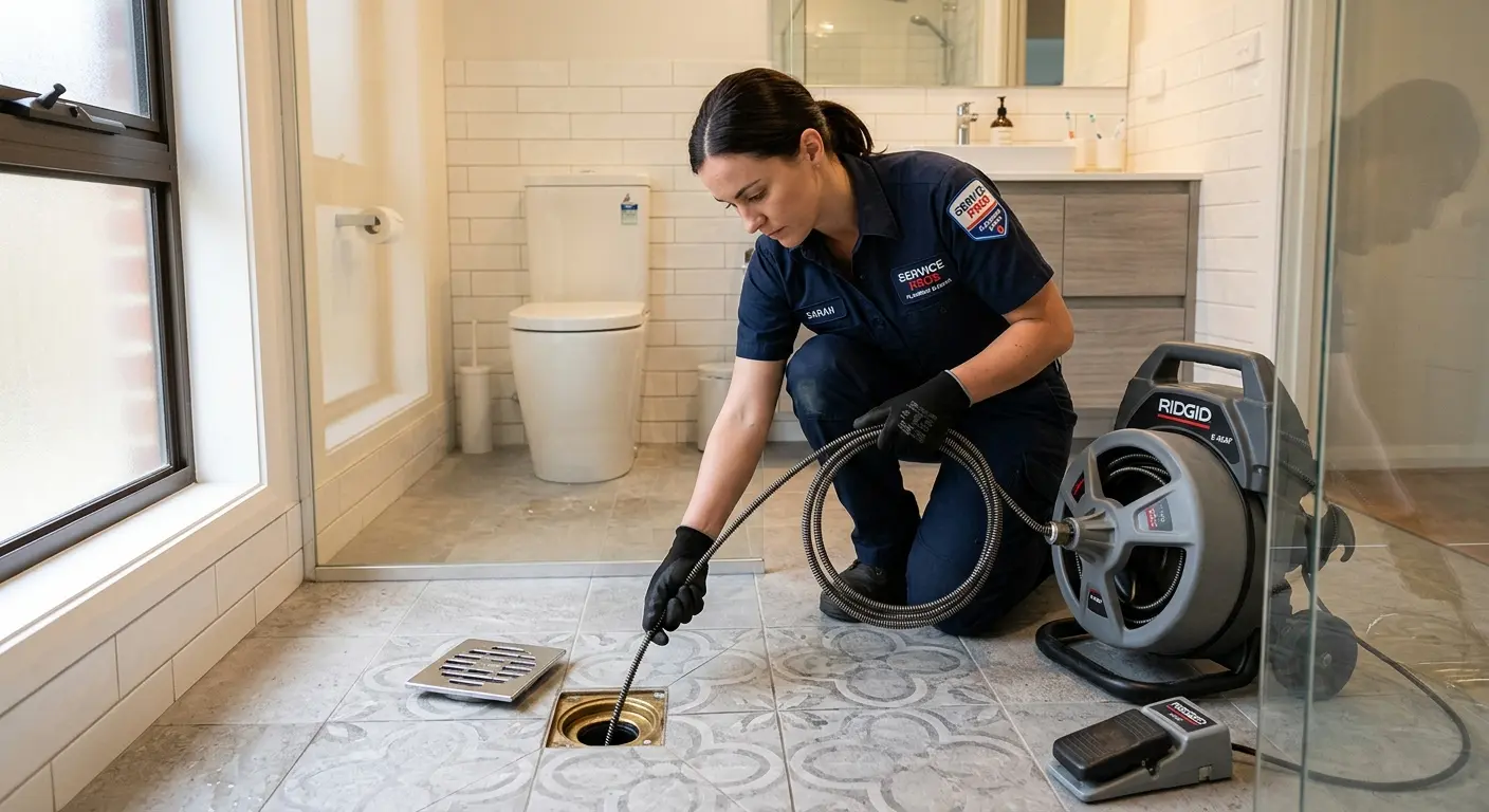 Technician clearing a bathroom floor drain for Clogged Drain Repair in Mamaroneck